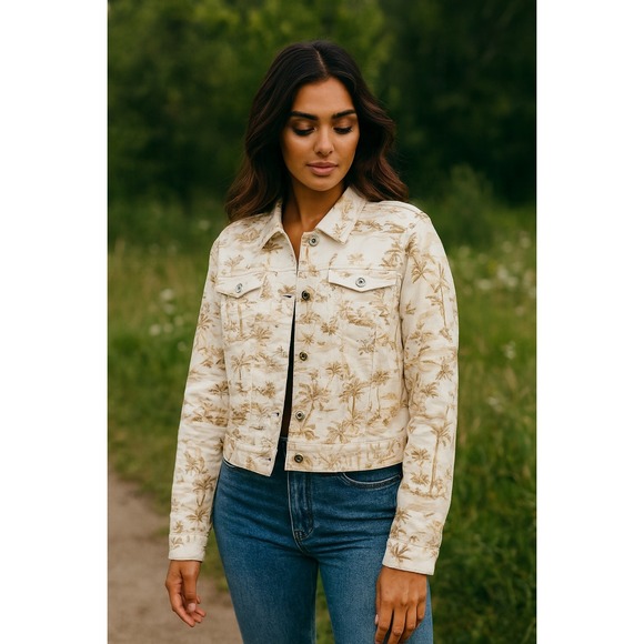 Belle Kim Gravel Jackets & Blazers - Belle By Kim Gravel Tropical Palm Print Jean Jacket  Cotton Beige Women's Size M